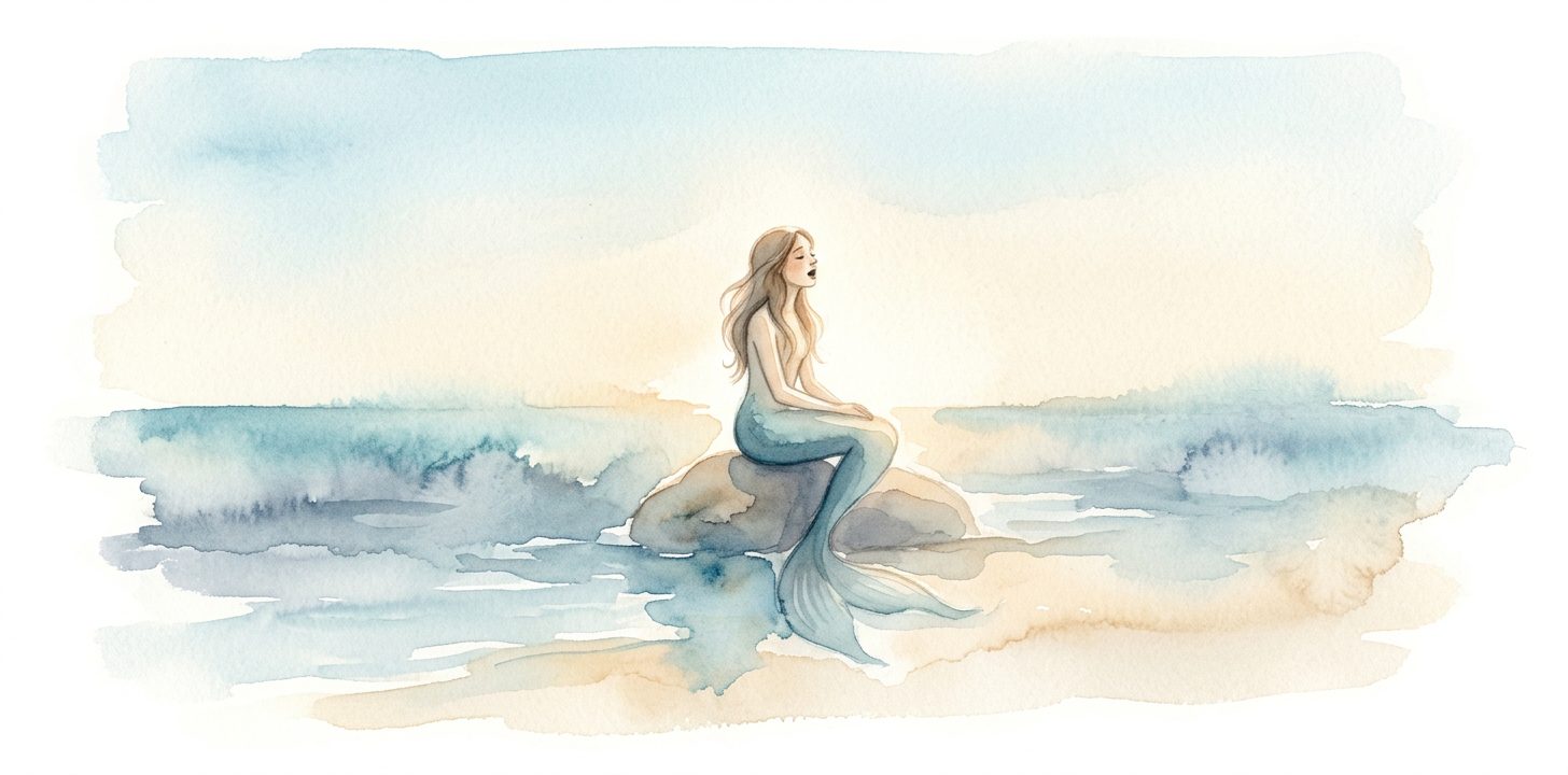 Figura esbelta con cola suave en un sueño sobre una piedra junto a una orilla tranquila con los labios entreabiertos en un canto