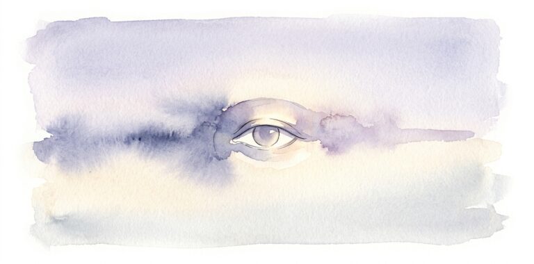 Forma suave de un ojo en un sueño dibujada con líneas de tinta abriéndose como una flor lenta sobre una frente tranquila