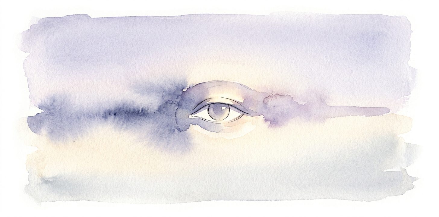 Forma suave de un ojo en un sueño dibujada con líneas de tinta abriéndose como una flor lenta sobre una frente tranquila