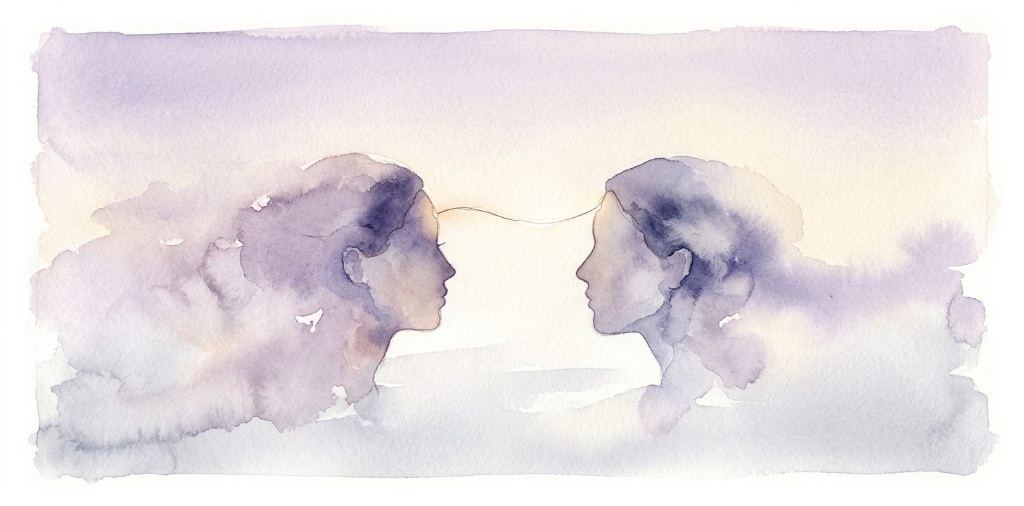 Dos perfiles en un sueño uno frente al otro con un fino hilo de luz que corre entre sus frentes bajo tonos lavanda