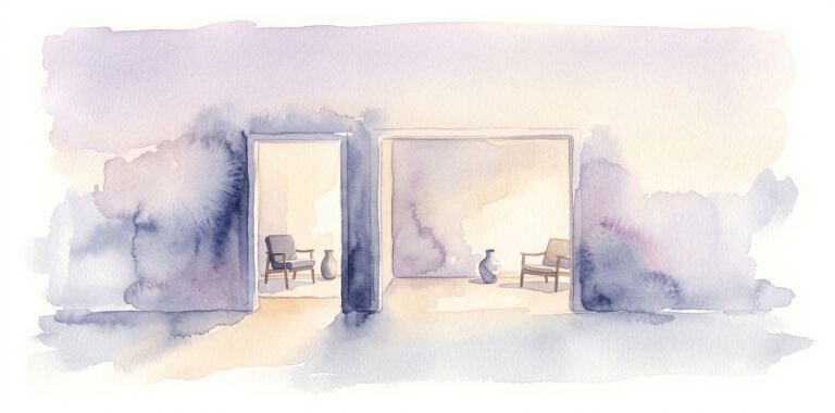 Quiet doorway in a dream opening from one room into a slightly different room with warm light filtering across both