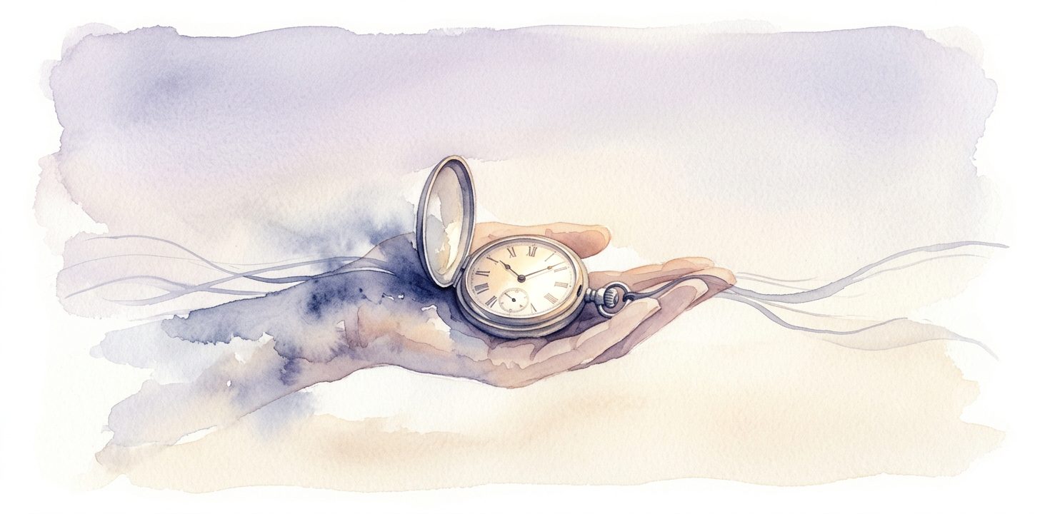 Antique pocket watch in a dream open in a calm palm with thin trailing lines like quiet rivers of time