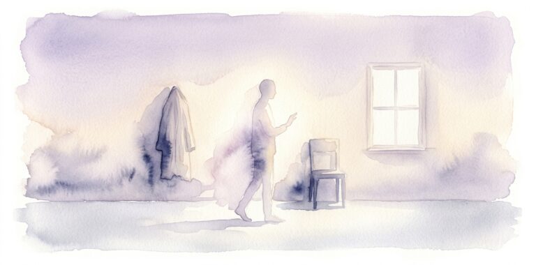 Translucent figure in a dream walking past a hanging coat, a chair and a window in soft lavender light