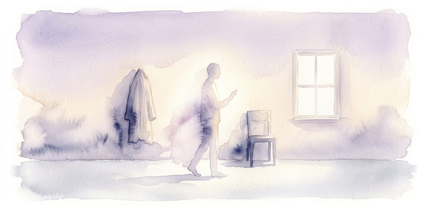 Translucent figure in a dream walking past a hanging coat, a chair and a window in soft lavender light