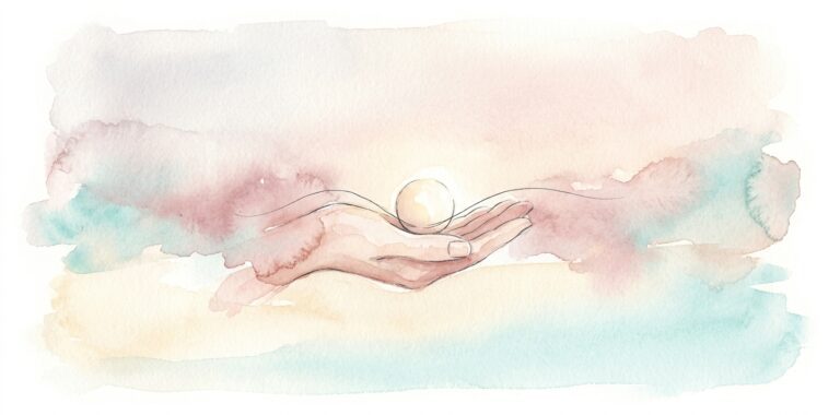 Open palm in a dream cradling a small luminous seed of light with a delicate ink line curving softly around it