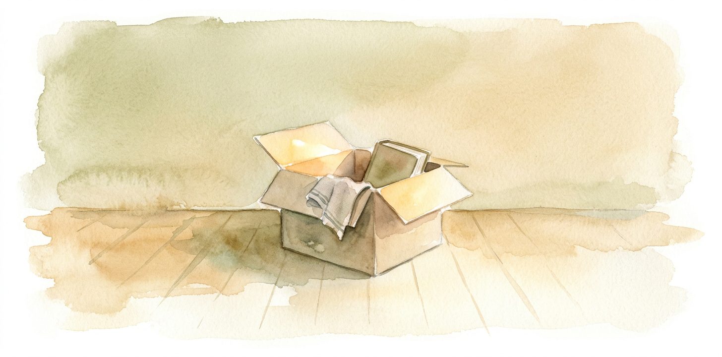Caja de cartón abierta en un sueño sobre un suelo de madera con un paño doblado y un libro a medias dentro