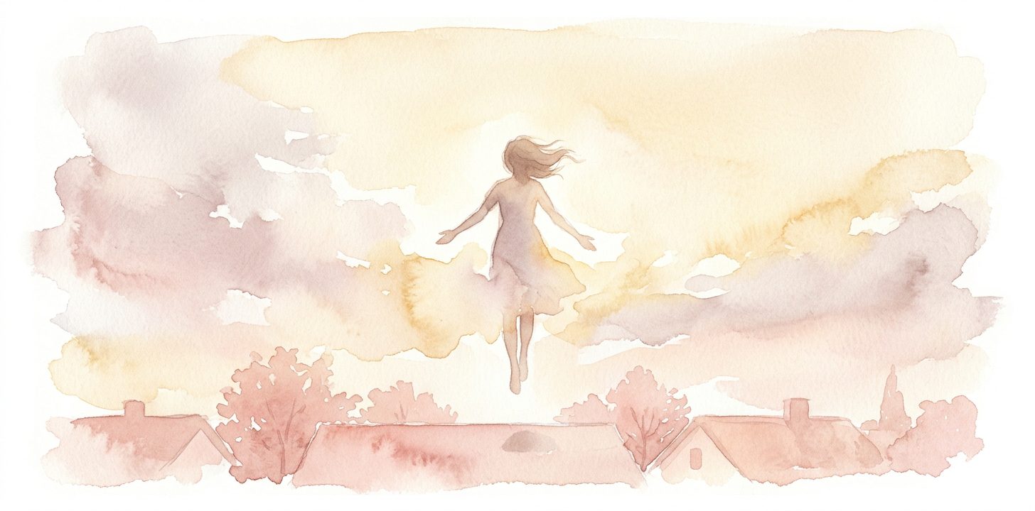 Soft figure in a dream rising weightlessly above a rooftop line with arms slightly out and hair lifted by wind