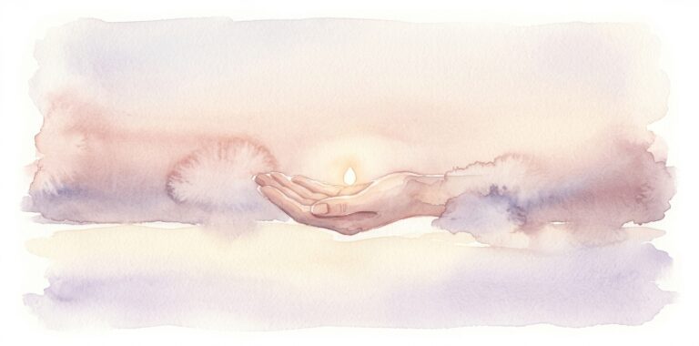 Open palm in a dream holding a small softly glowing point of light steady and protective in soft pearl tones