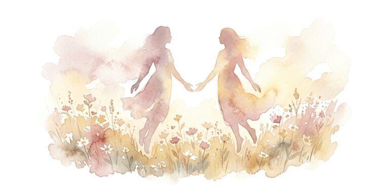 Two soft silhouettes in a dream rising weightlessly side by side above a meadow of wildflowers with hands almost touching
