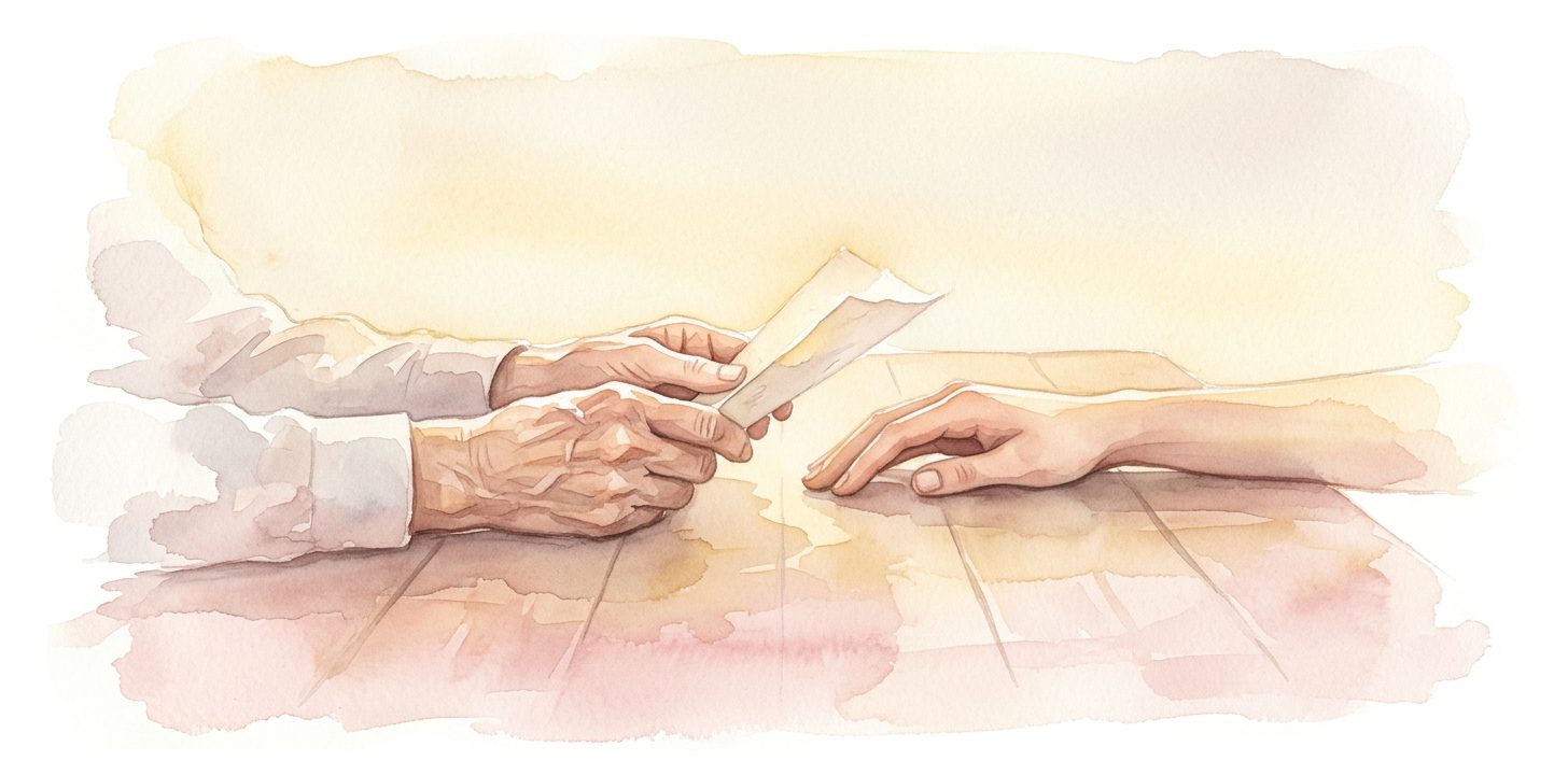 Old hand and younger hand in a dream resting on a wooden table with the older hand holding a faded paper