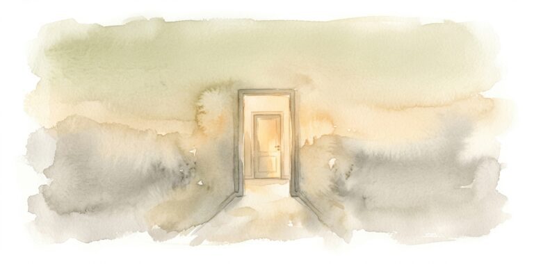 Familiar door in a dream at the end of a quiet corridor with the same door faintly repeating behind it