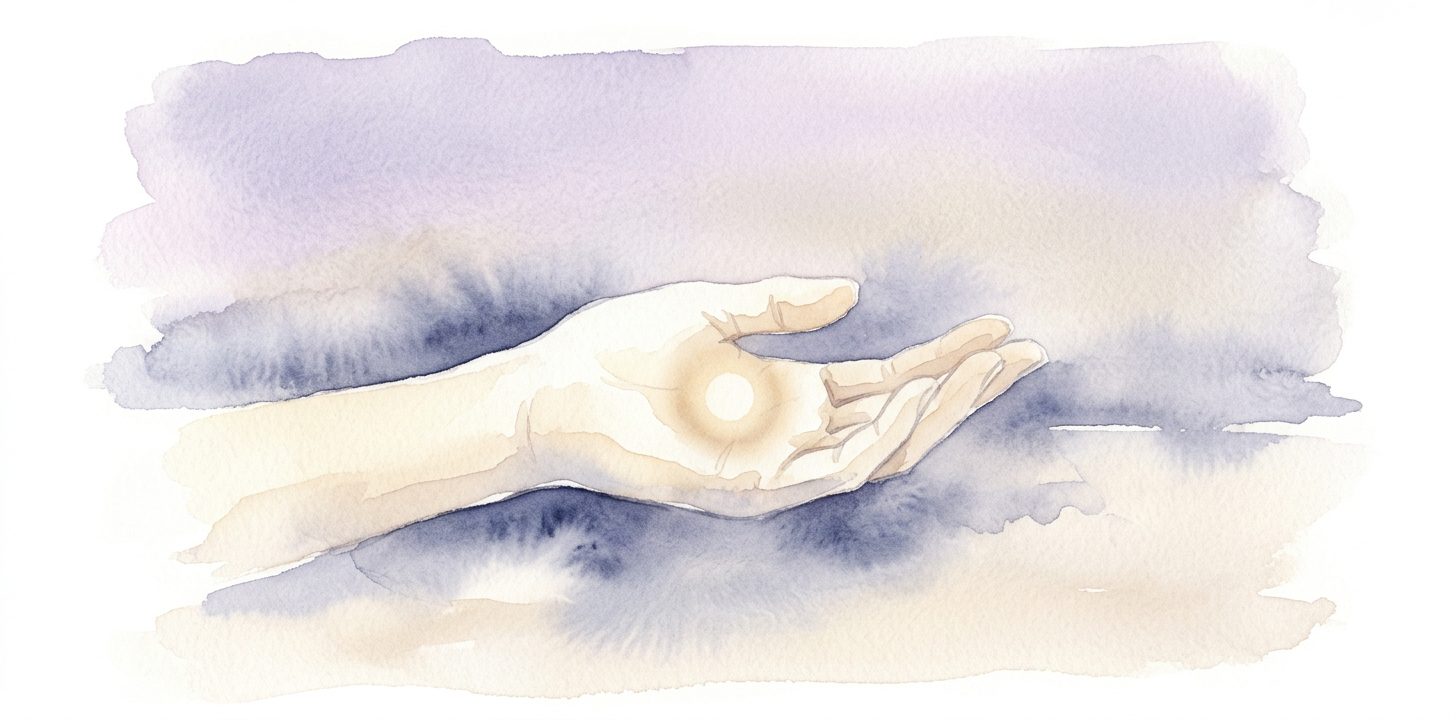 Open hand in a dream with a soft point of awareness glowing in the palm and a faint halo around it