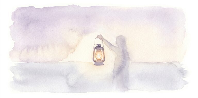 Small lit lantern in a dream raised in front of a faint receding shadow with steady warm light