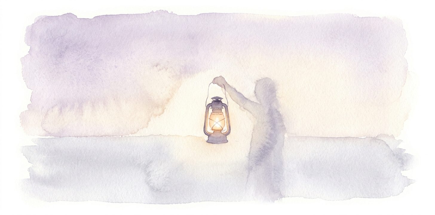 Small lit lantern in a dream raised in front of a faint receding shadow with steady warm light