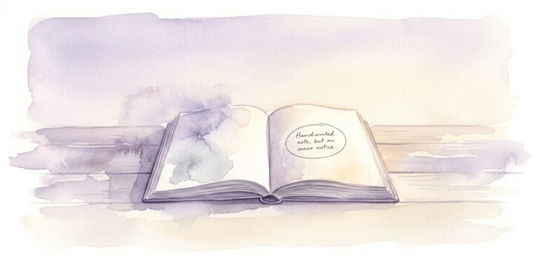 Open journal in a dream with one small handwritten note gently circled by a delicate ink line on a wooden surface