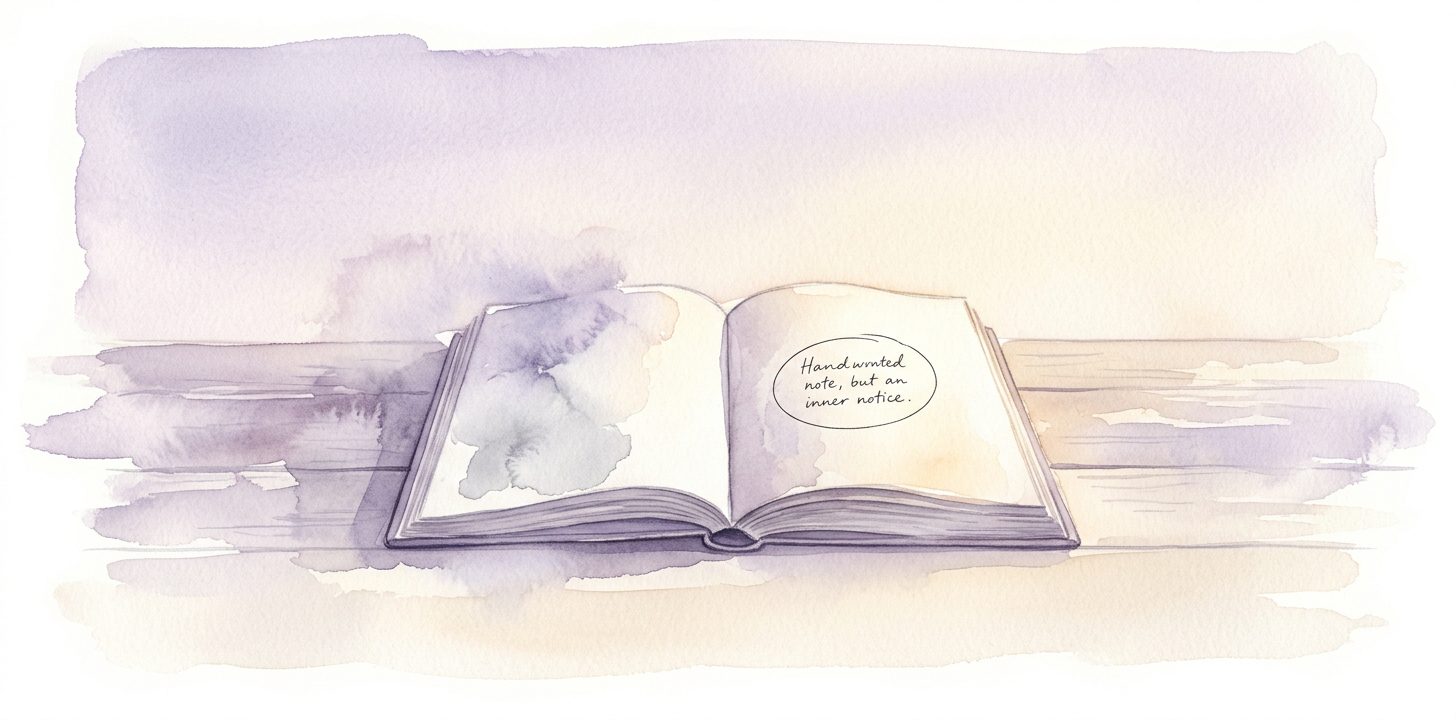 Open journal in a dream with one small handwritten note gently circled by a delicate ink line on a wooden surface