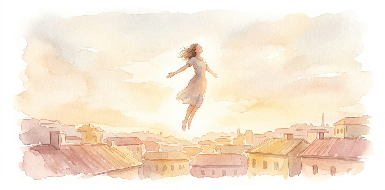 Soft figure in a dream rising weightlessly above a rooftop horizon with arms loose and hair lifted by quiet wind