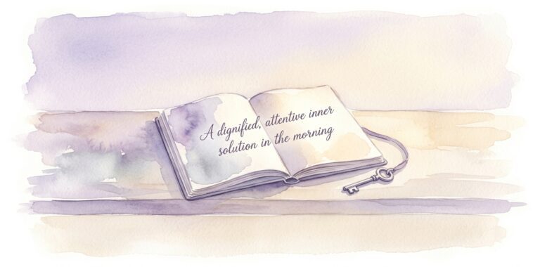 Open notebook in a dream on a wooden desk with a small watercolor key resting beside two delicate lines on the page