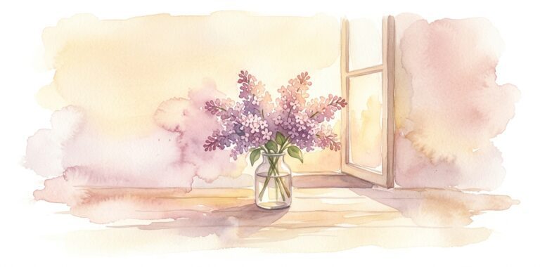 Small bunch of lilac in a dream in a glass vase on a wooden table beside an open window