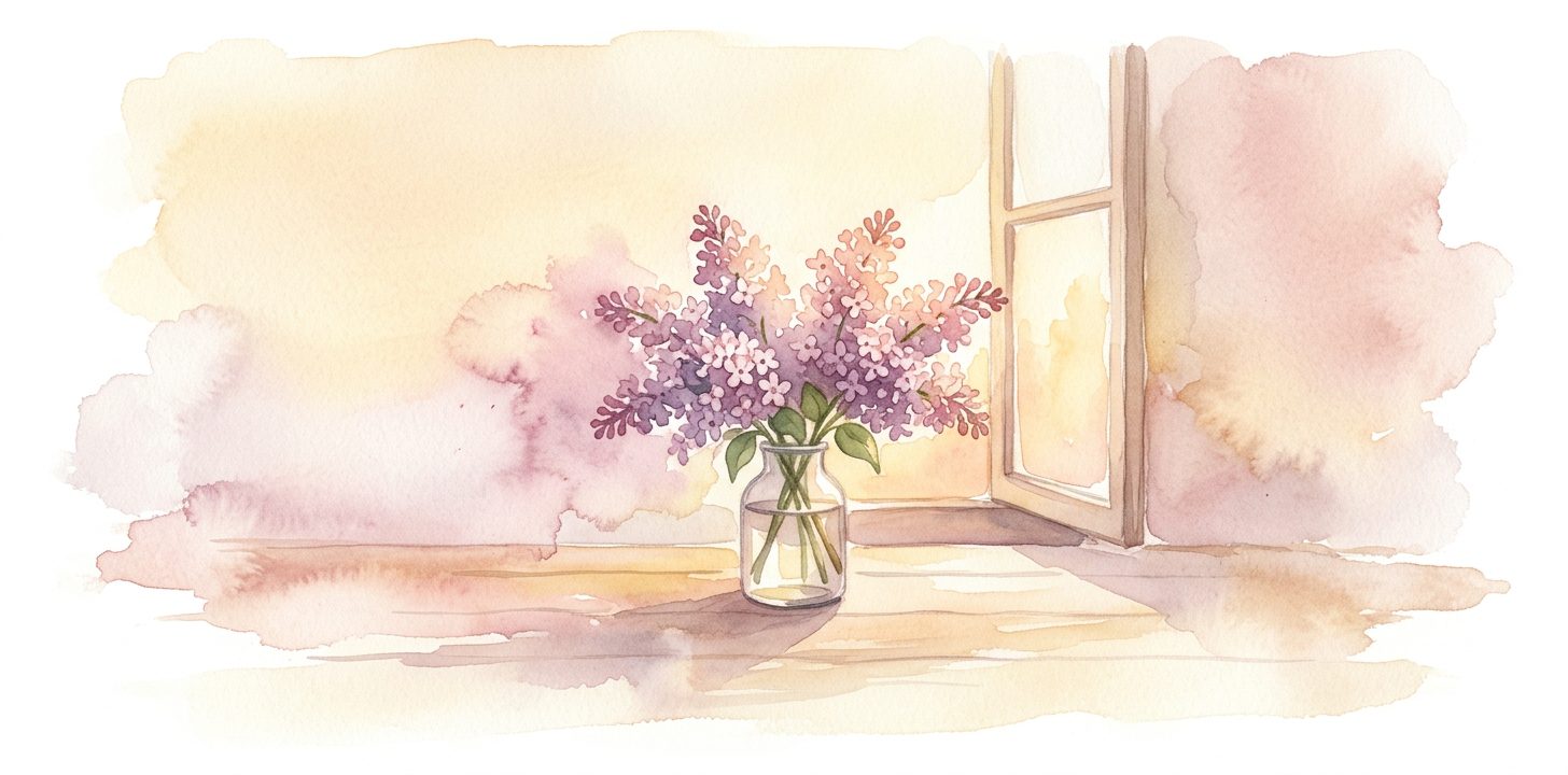 Small bunch of lilac in a dream in a glass vase on a wooden table beside an open window