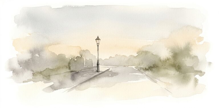 Quiet street in a dream rendered in soft greys and warm sand with a single lamp post in muted afternoon light