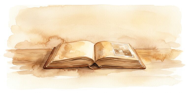 Old leather photo album in a dream open on a wooden surface with the corner of a faded photograph visible