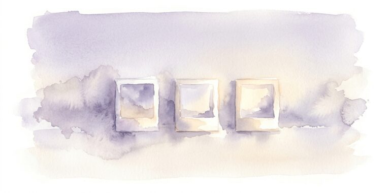 Three small watercolor frames in a dream placed side by side each holding a different scene of the same story