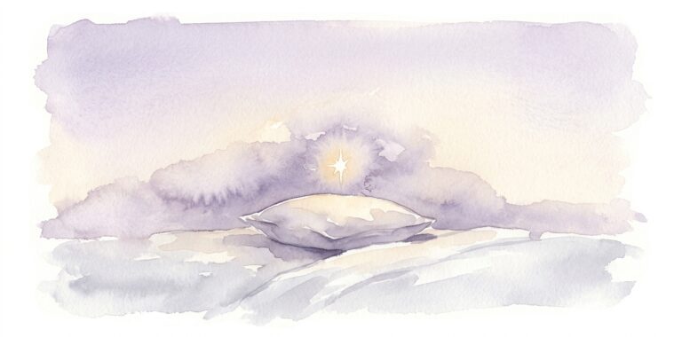 Single small spark of light in a dream suspended above a soft pillow on a quiet bed in pale lavender light