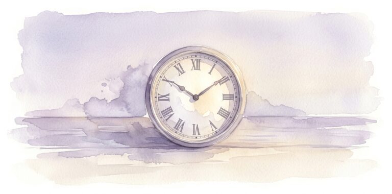 Old round clock in a dream with quiet roman numerals on a wooden surface and hands frozen at a soft angle