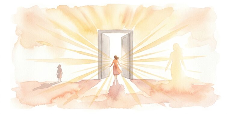 Small feminine figure in a dream standing in an enormous doorway as golden rays extend outward suggesting expanding presence