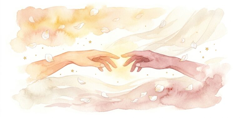 Two hands in a dream reaching toward each other with soft golden light building between their fingertips as white petals drift around