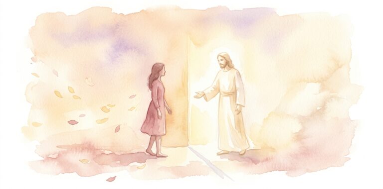 Luminous figure in a dream extending a hand across a soft threshold of light to a quiet listener standing nearby