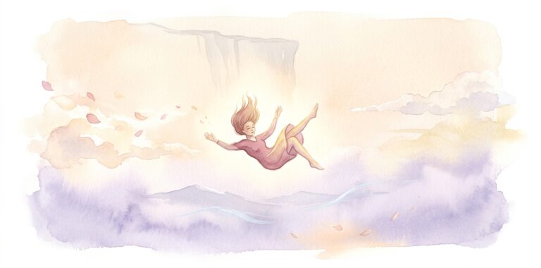 Figure in a dream suspended mid-fall above a pale misty landscape with arms gently spread and hair lifting