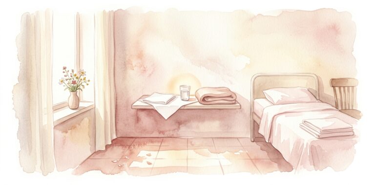 Hospital bedside in a dream with a folded blanket, a glass of water and a window with sheer curtains and a small vase of flowers