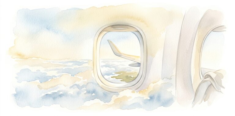 Airplane window in a dream with a wing tip over soft cloud fields and a glimpse of distant land in warm golden high-altitude light