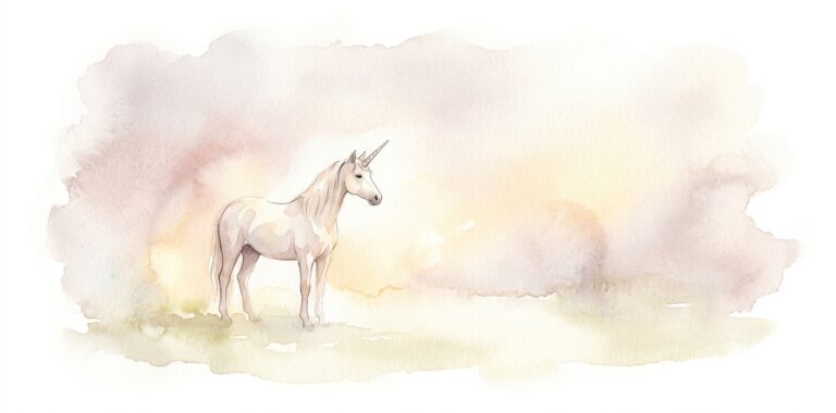 Quiet unicorn in a dream standing at the edge of a misty morning clearing with a delicate horn in soft light