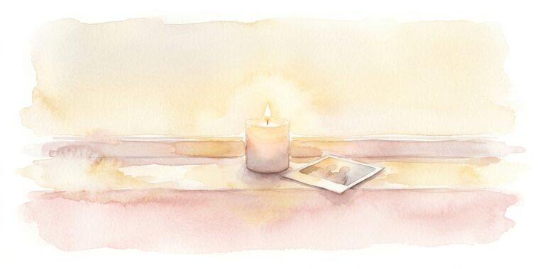 Small lit candle in a dream on a windowsill beside an open photograph turned toward warm afternoon light